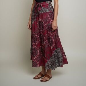 Boho Patchwork Large Maxi Skirt Tie Waist Burgundy Mandala Print Midi Dress